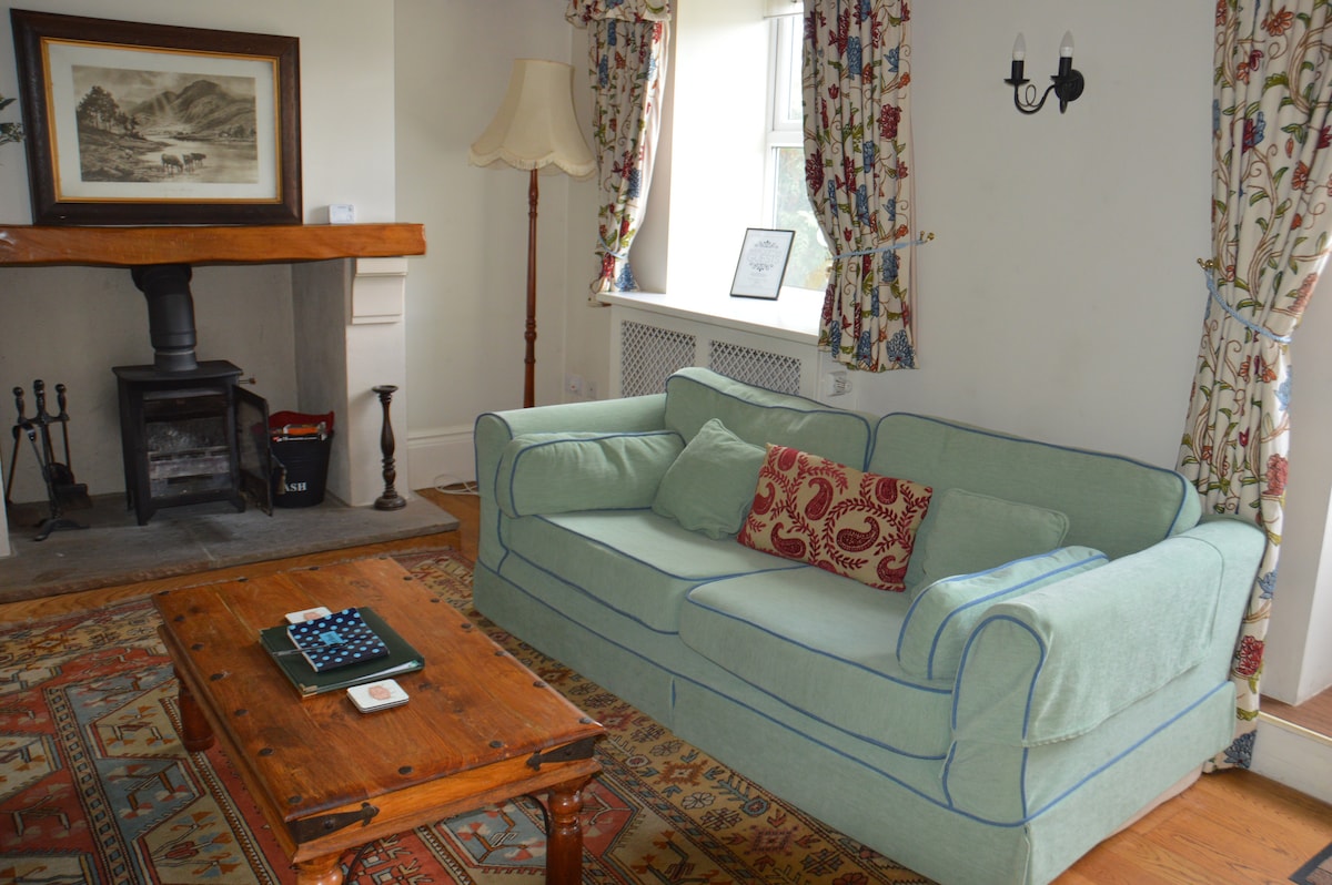 A comfortable living area features a light blue sofa adorned with a decorative pillow. A wooden coffee table sits centrally, with a patterned area rug below. A traditional fireplace with a wooden mantle is positioned against a wall, complemented by floral curtains framing the window.