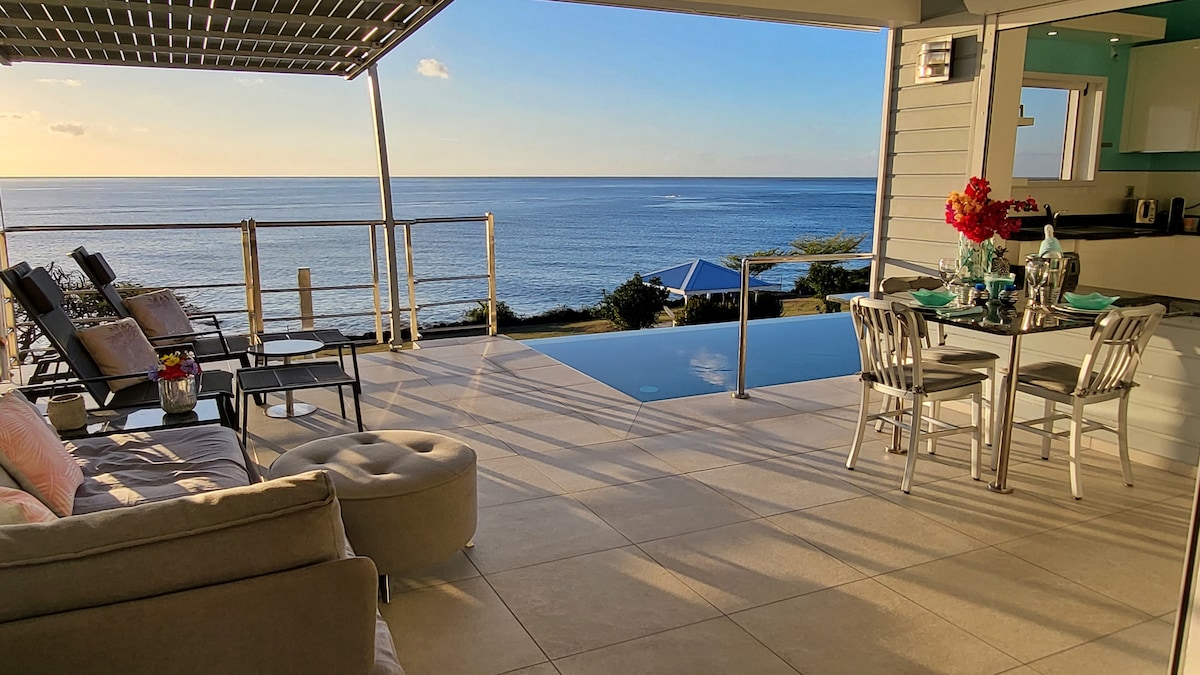 A spacious terrace features a salt-water infinity pool reflecting the ocean. Comfortable loungers are arranged alongside a dining table set for four. Colorful flowers are displayed in a vase, while distant views of the Caribbean Sea extend towards the horizon.