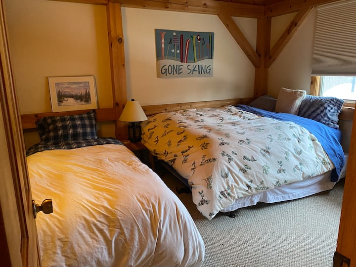 First bedroom has a queen ben and twin bed. Dresser, closet, separate thermostat and solar shades. LLBean and Cuddledown flannel comforters and sheets.  Wonderful pillows in a variety of firmness and fill options. 