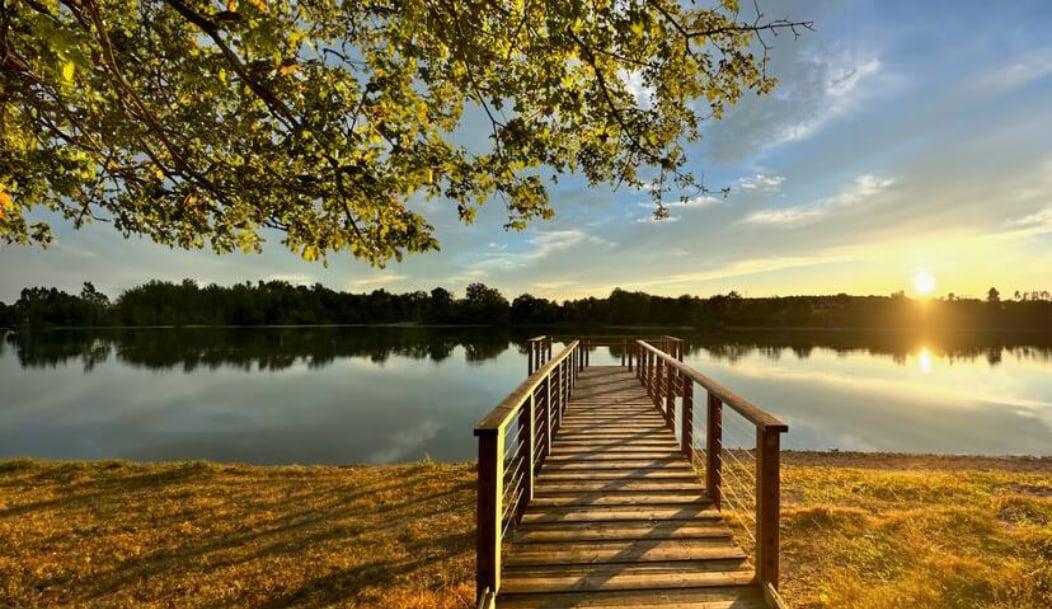 A wooden dock extends into a tranquil lake, reflecting the golden hues of a sunset. Lush green foliage frames the scene, while the calm water mirrors the sky's gradient. The surrounding landscape is peaceful, inviting moments of relaxation and connection with nature.