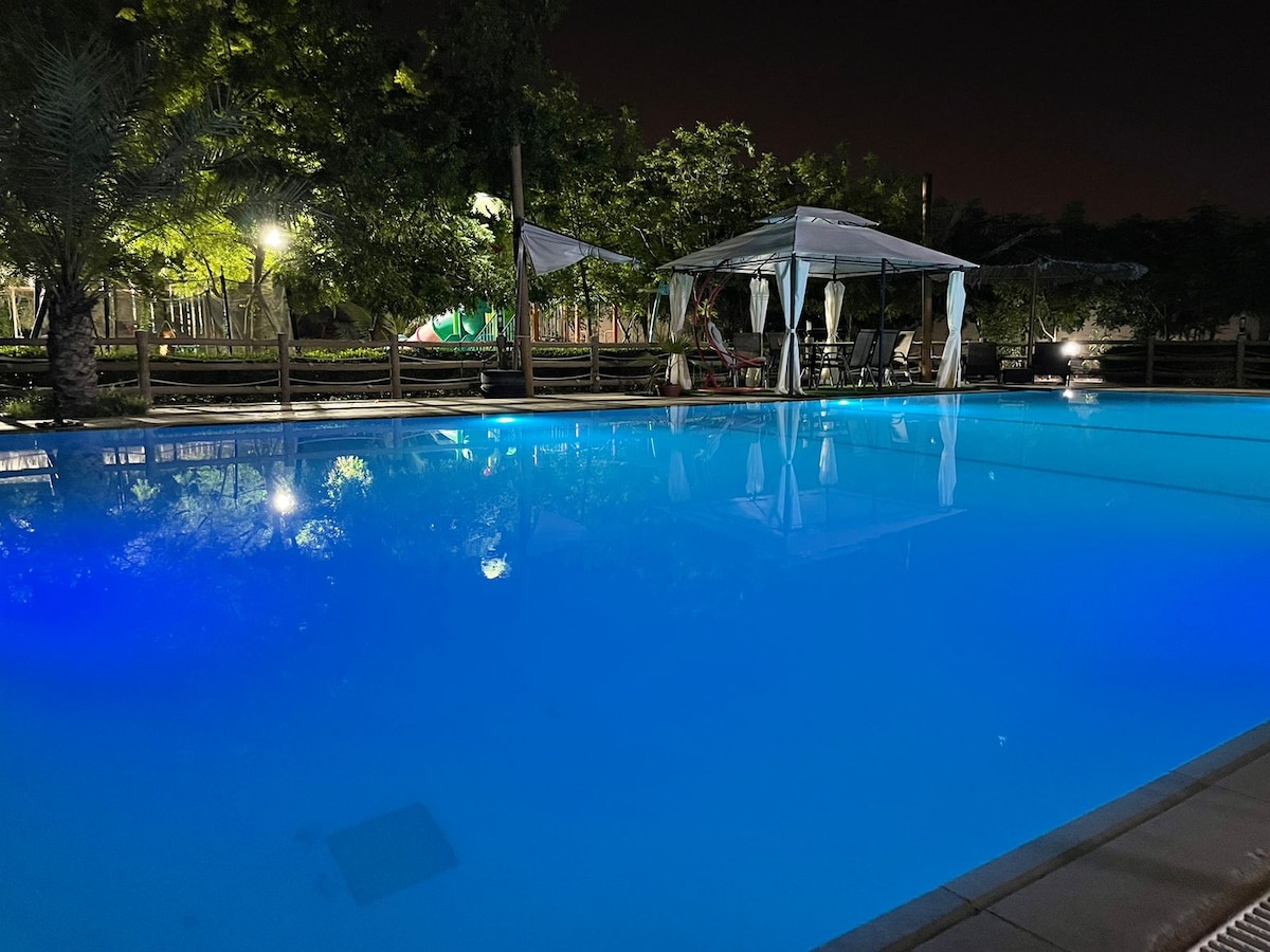 A tranquil pool is illuminated in calming shades of blue, reflecting the surrounding greenery. Soft lighting fixtures are positioned around the pool area, enhancing the inviting atmosphere. A shaded gazebo is visible to one side, providing a space for relaxation.