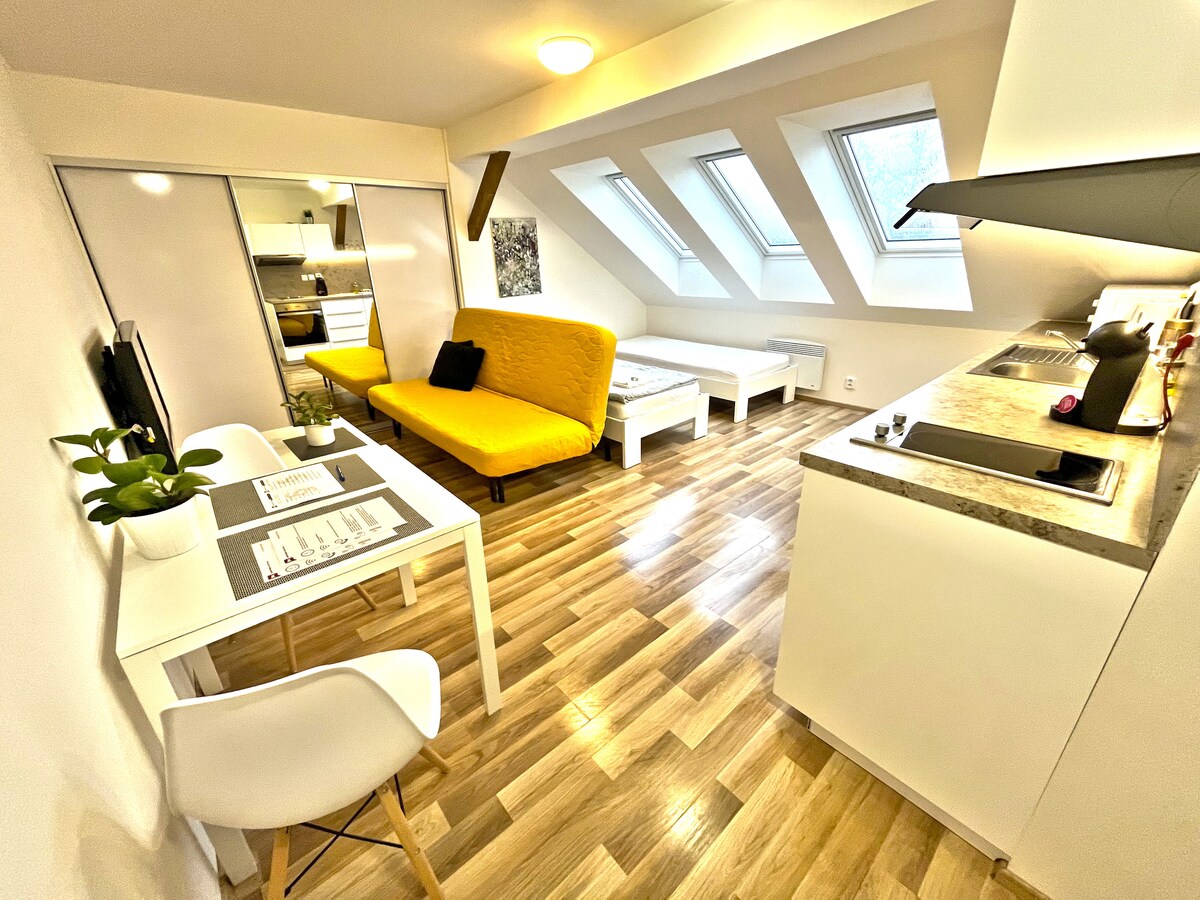 A bright living area is showcased, featuring a fold-out sofa in a cheerful yellow hue. A dining table with white chairs is placed near a mirror wardrobe. Skylights above allow natural light to fill the space, complemented by a well-equipped kitchen visible on the side.