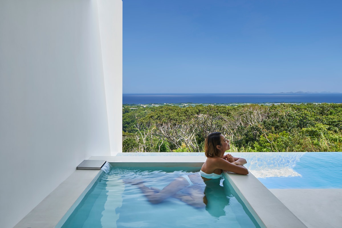A private outdoor pool offers serene views of the ocean and surrounding greenery. The sleek white walls create a minimalist backdrop, enhancing the tranquil atmosphere. The water reflects the clear blue sky, inviting relaxation in a peaceful setting.