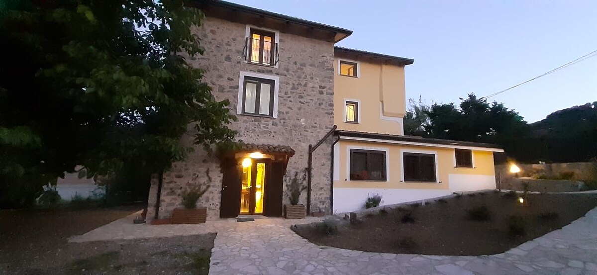 The exterior of the villa is showcased, featuring a stone facade combined with a light-colored plaster. Warm lighting emanates from the windows and doors, illuminating the entrance. A landscaped area with minimal plantings is visible, enhancing the welcoming atmosphere of the property.