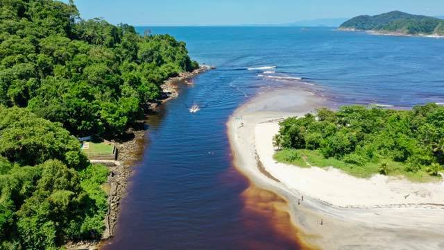 An aerial view captures the confluence of a river and the ocean, showcasing clear, sandy beaches bordered by lush greenery. Gentle waves lap at the shore, while a few individuals are seen enjoying the tranquil waters. The scenery reflects a vibrant natural landscape.