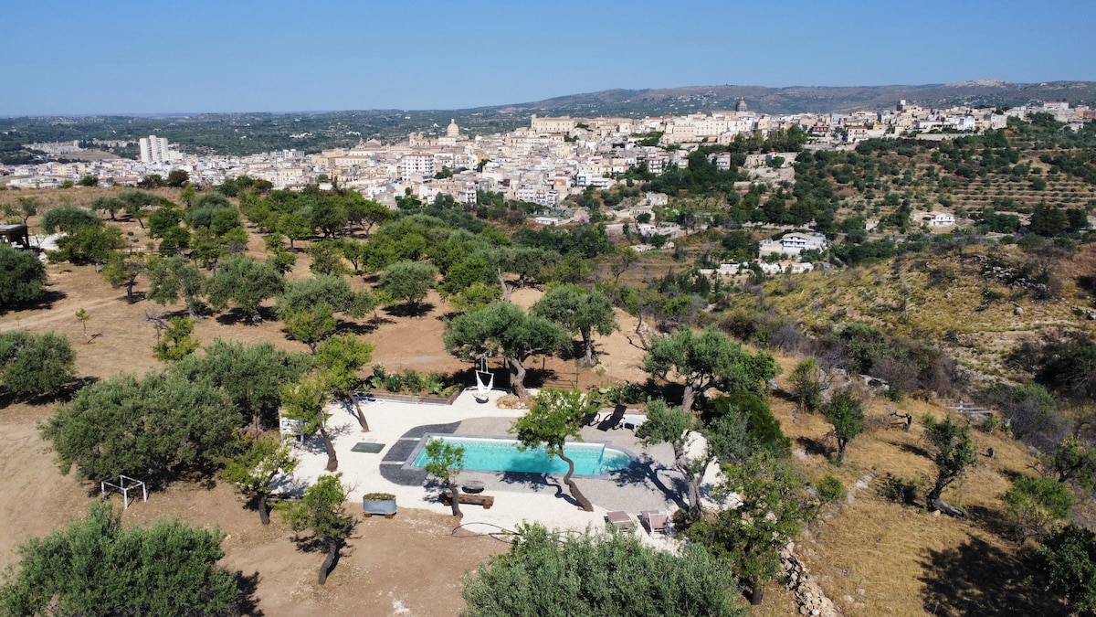 Aerial view captures a serene landscape with a private pool surrounded by olive trees, set against a backdrop of rolling hills and a distant cityscape. The blend of nature and urban scenery creates a peaceful environment for relaxation.