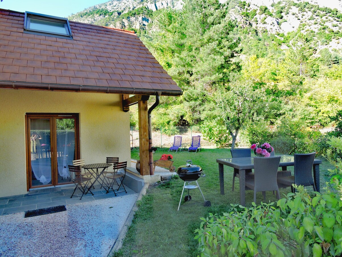 A private garden area features a wooden table with chairs, a barbecue grill, and lounge chairs under a sunlit sky. The exterior of the chalet showcases a warm, welcoming facade, while trees and greenery surround the property, creating a serene outdoor space.