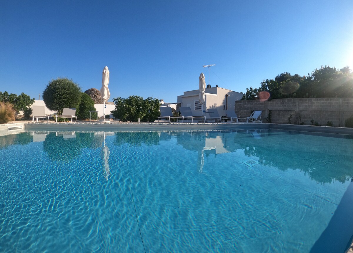 A serene outdoor pool glistens in the sunlight, surrounded by well-spaced sun loungers and elegant umbrellas. Lush greenery and a soft earth-toned stone wall create a relaxing atmosphere, highlighting the peaceful ambiance of the property.