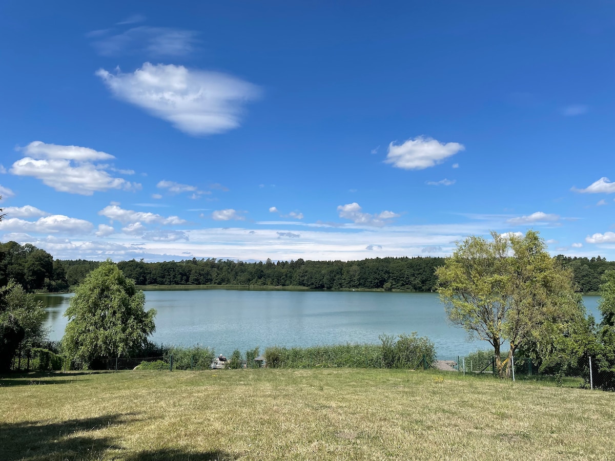 A serene view of a lake surrounded by lush green trees under a clear blue sky with fluffy white clouds. The water glistens in the sunlight, and a grassy area in the foreground offers a peaceful spot to relax and enjoy nature.