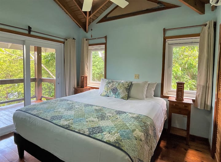 ห้องนอนหลักของ Casa Canuck ที่มีเตียงคิงไซส์ระเบียงส่วนตัวและอ่างอาบน้ำส่วนตัว