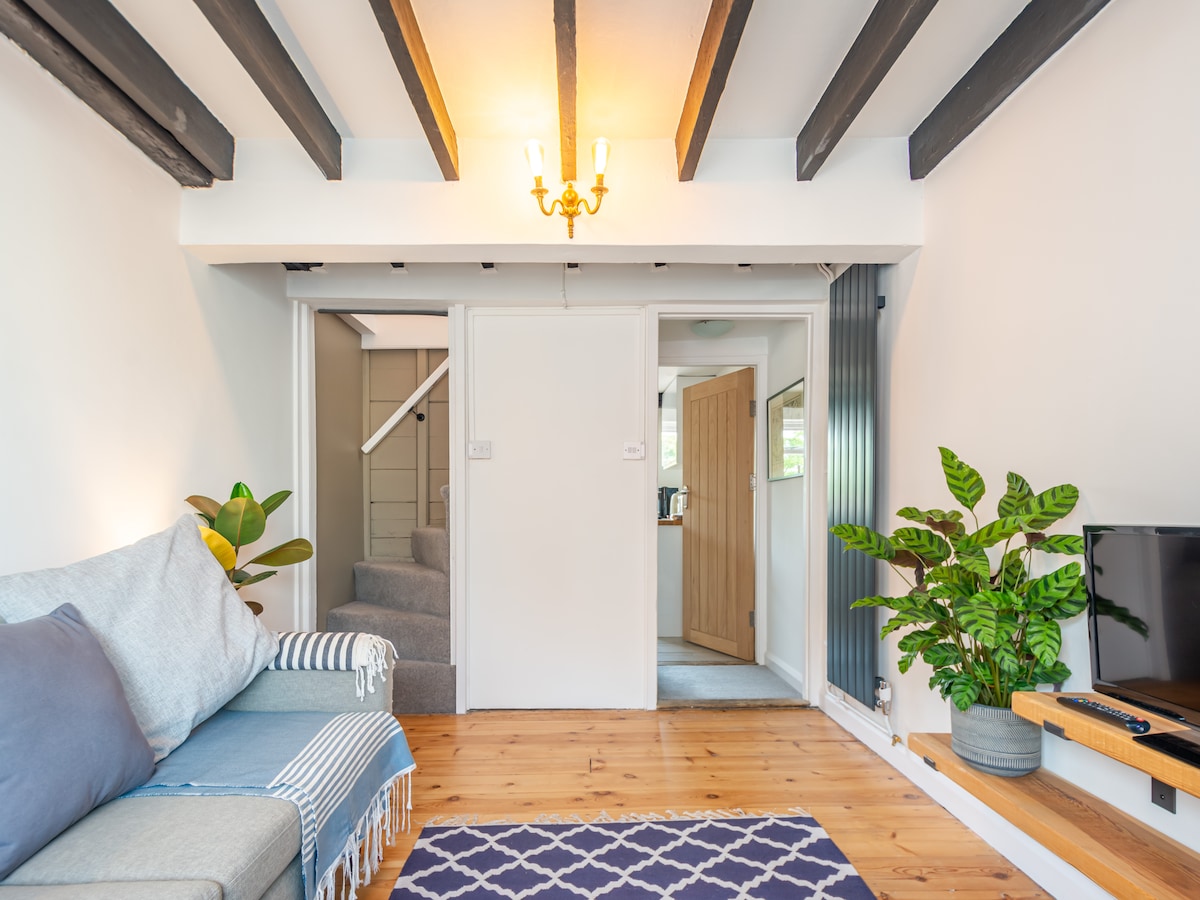 A welcoming living area features light wooden flooring and exposed ceiling beams. The space includes a comfortable sofa with decorative pillows and a plant nearby. A flat-screen television is positioned on a wooden shelf, providing a functional entertainment area. Stairs are visible, leading to the upper levels.