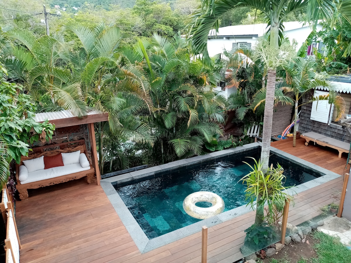 A private pool, surrounded by lush tropical foliage, reflects the clear sky. A wooden deck enhances the outdoor space, featuring a cozy seating area with cushions and a rustic charm. Adjacent to the pool, a small structure can be seen, adding to the inviting ambiance.