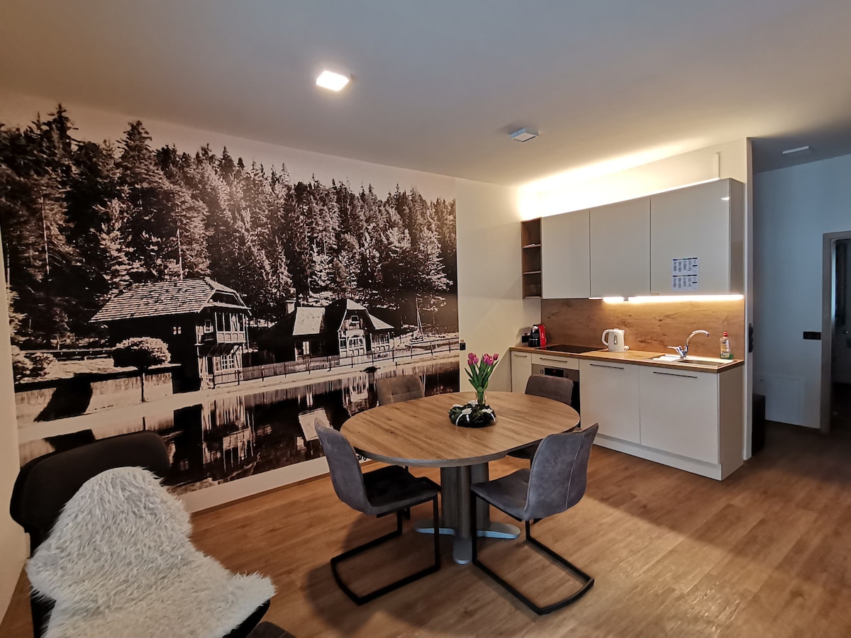 The image showcases a modern dining area with a round wooden table surrounded by four upholstered chairs. A large black-and-white mural of a lakeside scene with wooden cabins and trees enhances the wall. The kitchen area features sleek cabinetry and essential appliances.