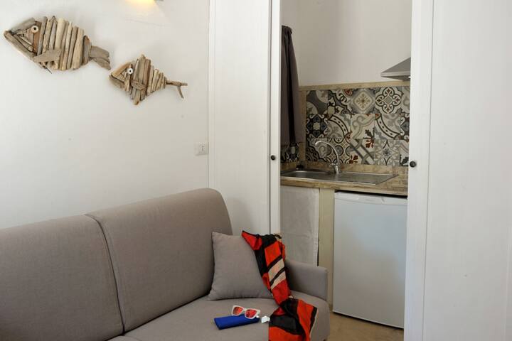 Sala de estar con sofá cama Cocina pequeña en el interior 