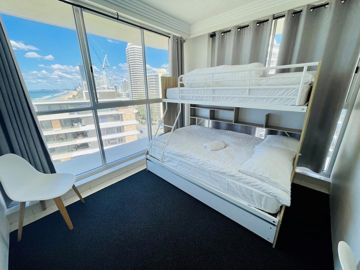 Beautiful third bedroom with double bed, single upper bed and trundle single bed.