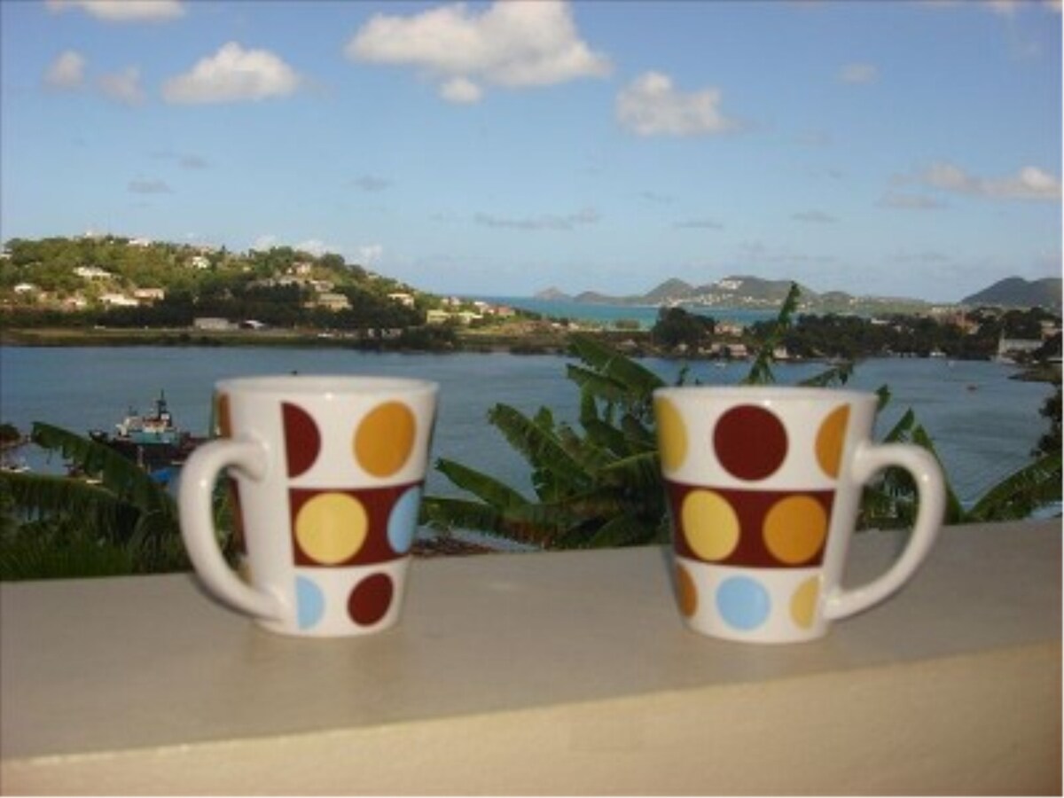 Two colorful mugs are positioned on a balcony railing, overlooking a scenic view of lush greenery and the tranquil waters of a bay. The mountains in the distance enhance the serene atmosphere, while the sky features scattered clouds.