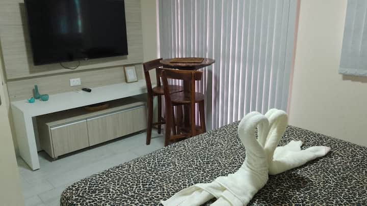 Suite con aire acondicionado, televisión, armario, mesas en la cabecera, mesa auxiliar y un maravilloso balcón para que disfrutes de la estancia.