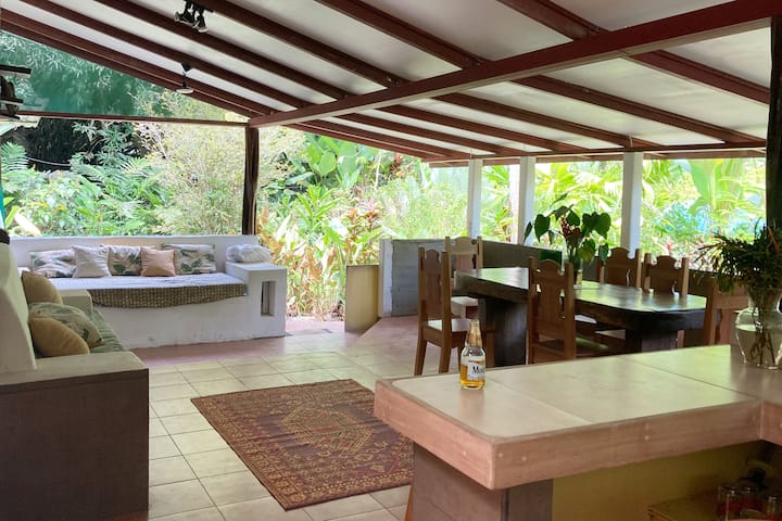 Mirando desde la cocina hasta la sala con jardines alrededor.