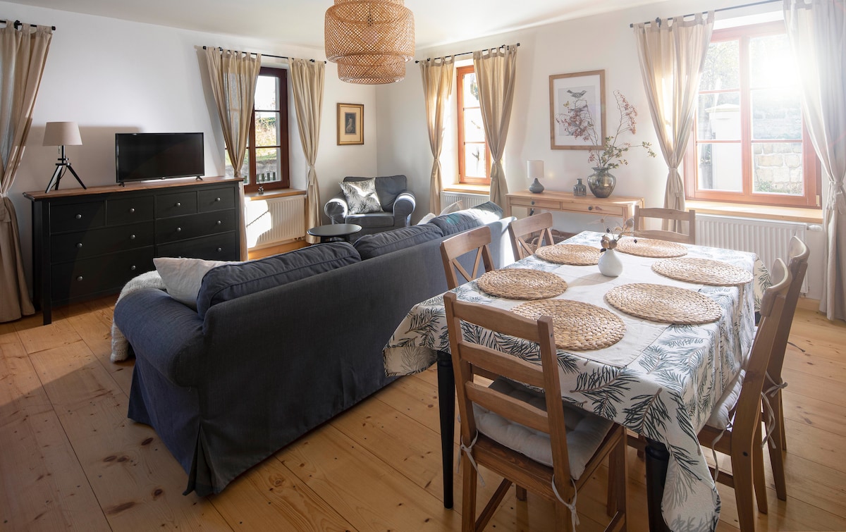 A spacious living area is furnished with a dark blue sofa and a light gray armchair. A wooden dining table is set for six, adorned with woven placemats. Natural light filters through large windows, framed by light curtains, illuminating the hardwood floor.