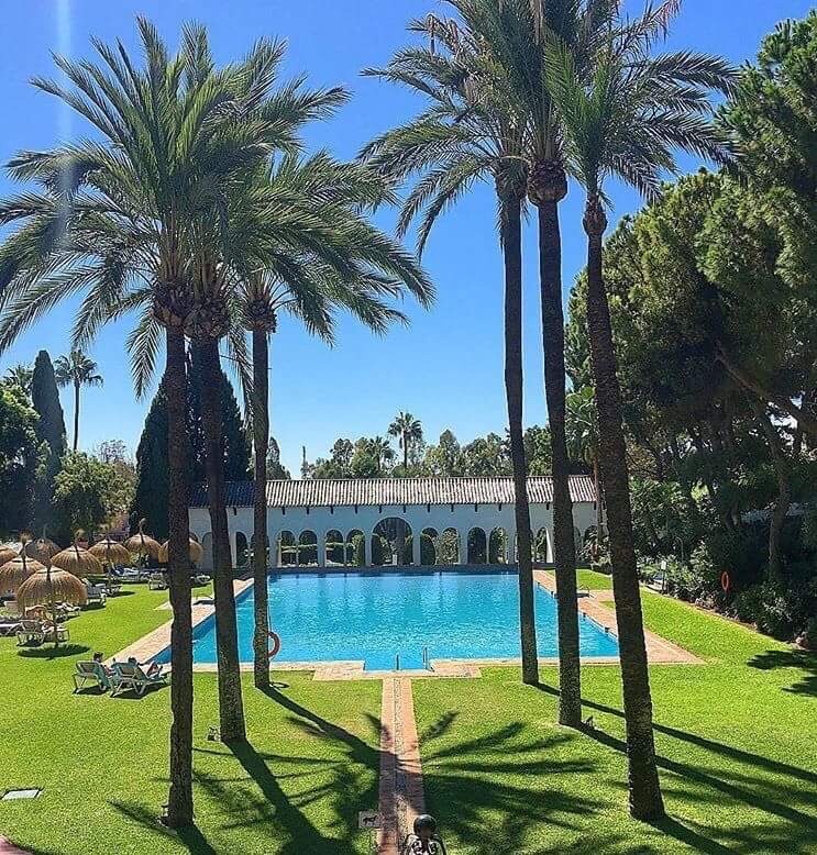 A spacious pool area is surrounded by tall palm trees and lush green grass. Sun loungers are arranged near the water’s edge, and a classic building with arches is visible in the background, complementing the tranquil setting.
