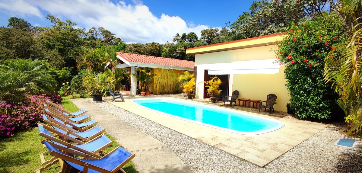 A refreshing pool is surrounded by tropical gardens and lounge chairs. The villa features a covered patio area with vibrant greenery, while colorful flowers complement the scenery. The space is bathed in natural light, highlighting the inviting atmosphere of relaxation.