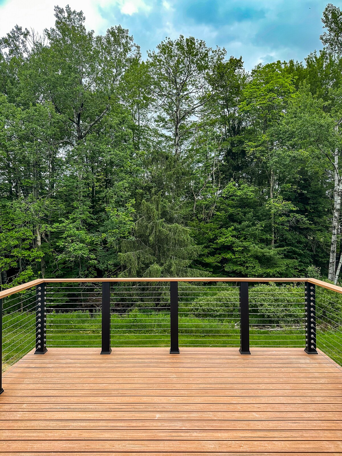 A spacious deck with wooden flooring is framed by modern black railings. Lush green trees and foliage can be seen in the background, creating a serene natural setting. The deck provides ample room for outdoor seating or gatherings.