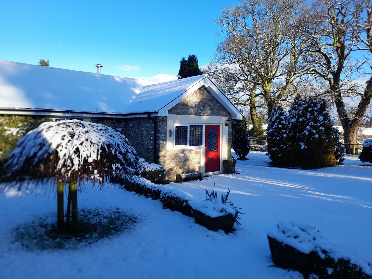 A charming stone cottage is framed by a fresh blanket of snow, with a vibrant red door contrasting against the wintery landscape. Surrounding trees and shrubs are dusted with white, creating a serene, wintry scene.