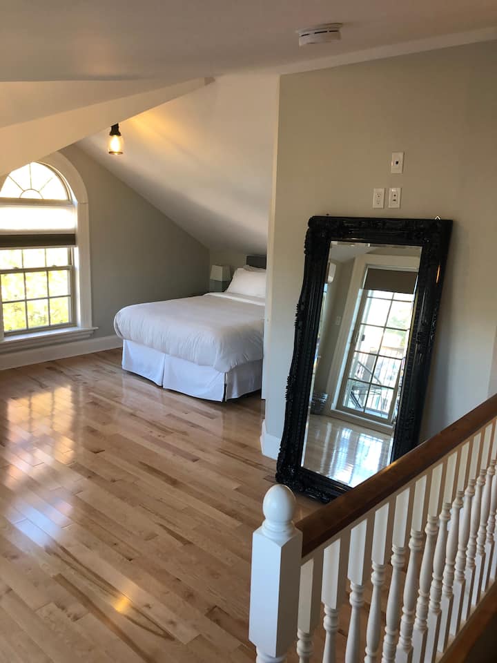 Queen size bed, third floor bedroom, with full bathroom