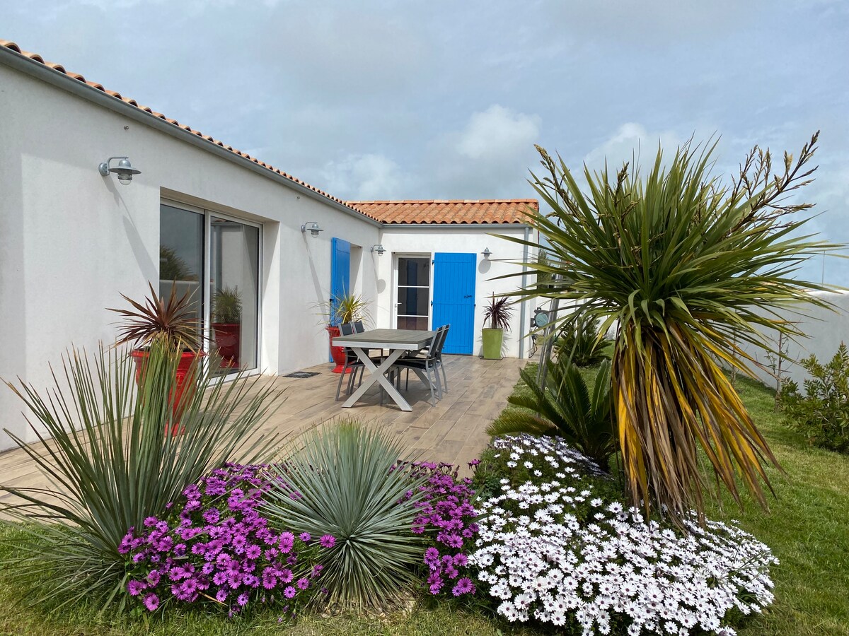 A modern house exterior features blue shutters and large glass doors leading onto a wooden terrace. Surrounding the entrance are vibrant flowerbeds with purple and white blooms, complemented by ornamental grasses and palm plants, creating a welcoming outdoor space.