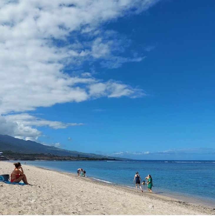 A sandy beach extends along the shoreline, bordered by clear blue waters gently lapping at the shore. A few individuals are seen walking along the water's edge, while others sit further back on the sand, with mountains visible in the background under a bright blue sky.