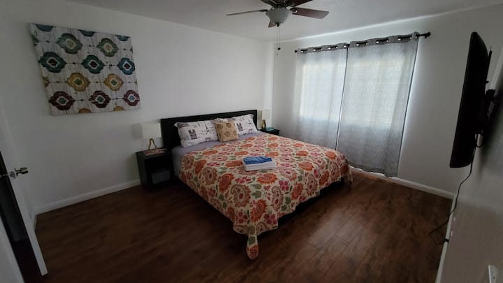 Основно легло тип спалня с нов 55 - инчов телевизор от 24 февруари 21, само с интернет стрийминг, без свързана телевизионна антена.