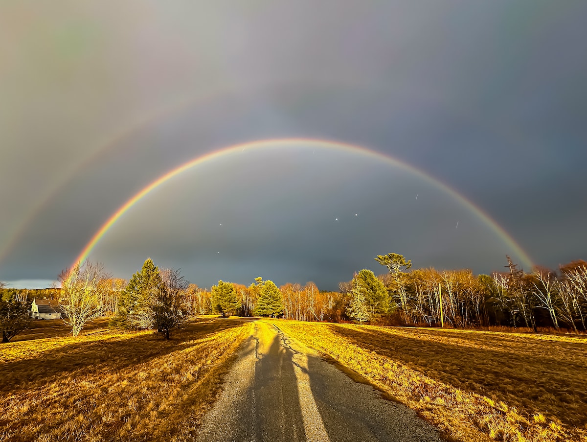 A wide landscape captures a road meandering through a field under a vibrant double rainbow, set against a backdrop of dark clouds. Sunlight illuminates the golden grass and trees lining the horizon, reflecting the promise of serenity and natural beauty.