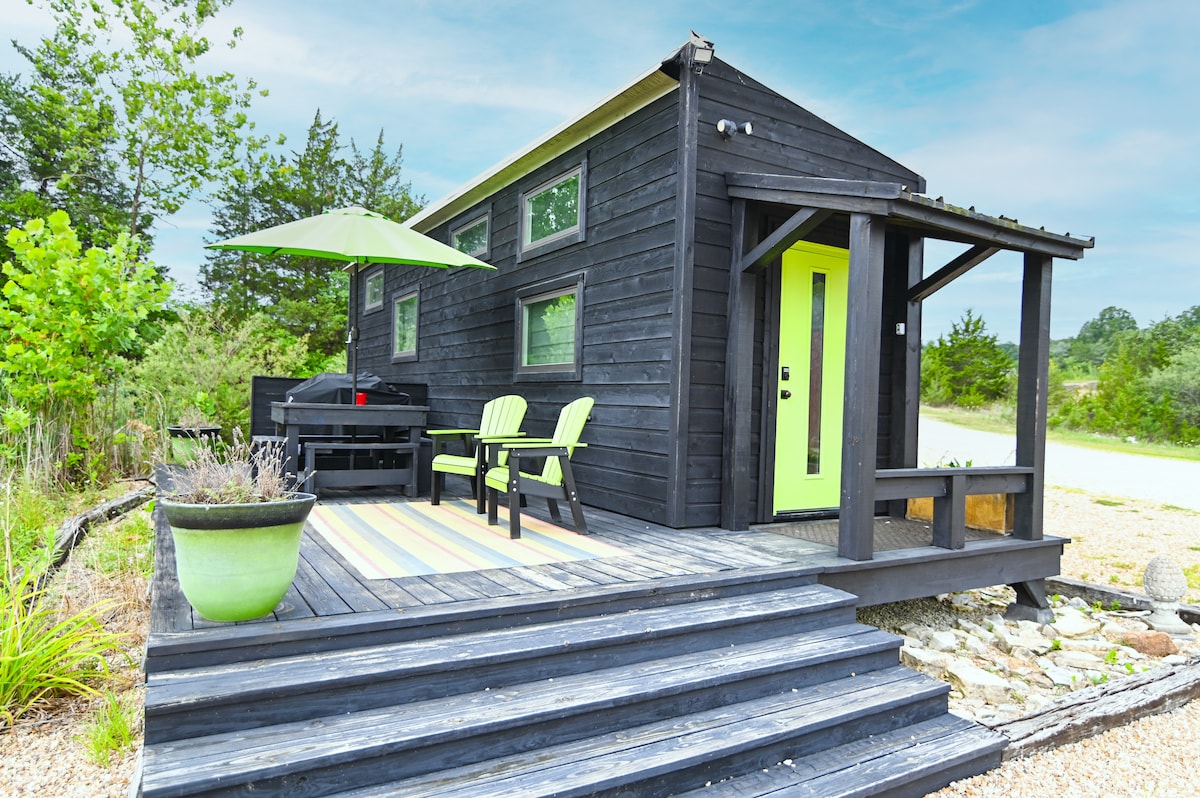 A modern tiny house is showcased with a black wooden exterior and vibrant green door. A small deck features two green chairs and a table, complemented by a striped outdoor rug. Surrounding greenery and a patio umbrella add a touch of nature to the entrance.