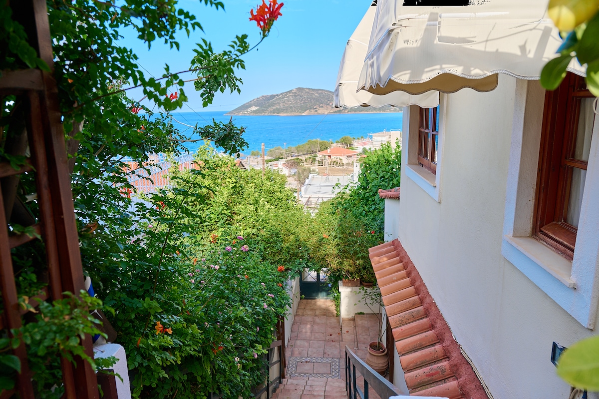 A pathway leads down from the house, surrounded by vibrant greenery and blooming flowers. The view beyond showcases the blue sea and distant landscapes, framed by the softly arching awning overhead. Steps descend towards a scenic outdoor area filled with natural beauty.