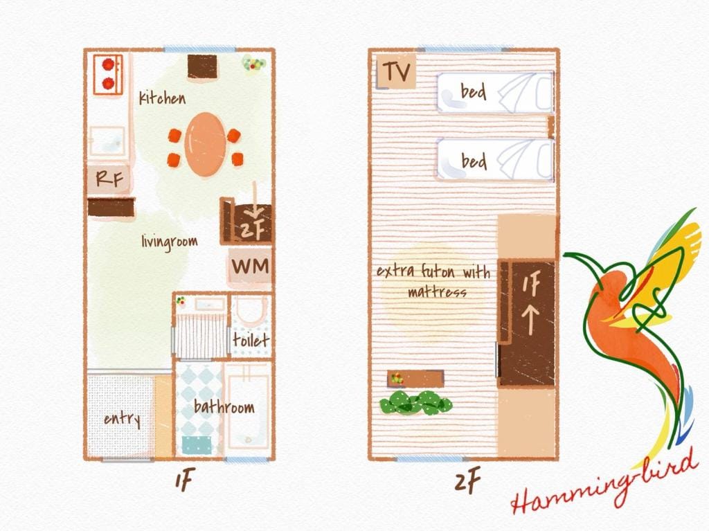 A hand-drawn floor plan illustrates a compact two-story layout. The first floor includes a kitchen, living room, bathroom, and entry, while the second floor features two single beds, an extra futon with a mattress, and a TV area, all clearly marked.