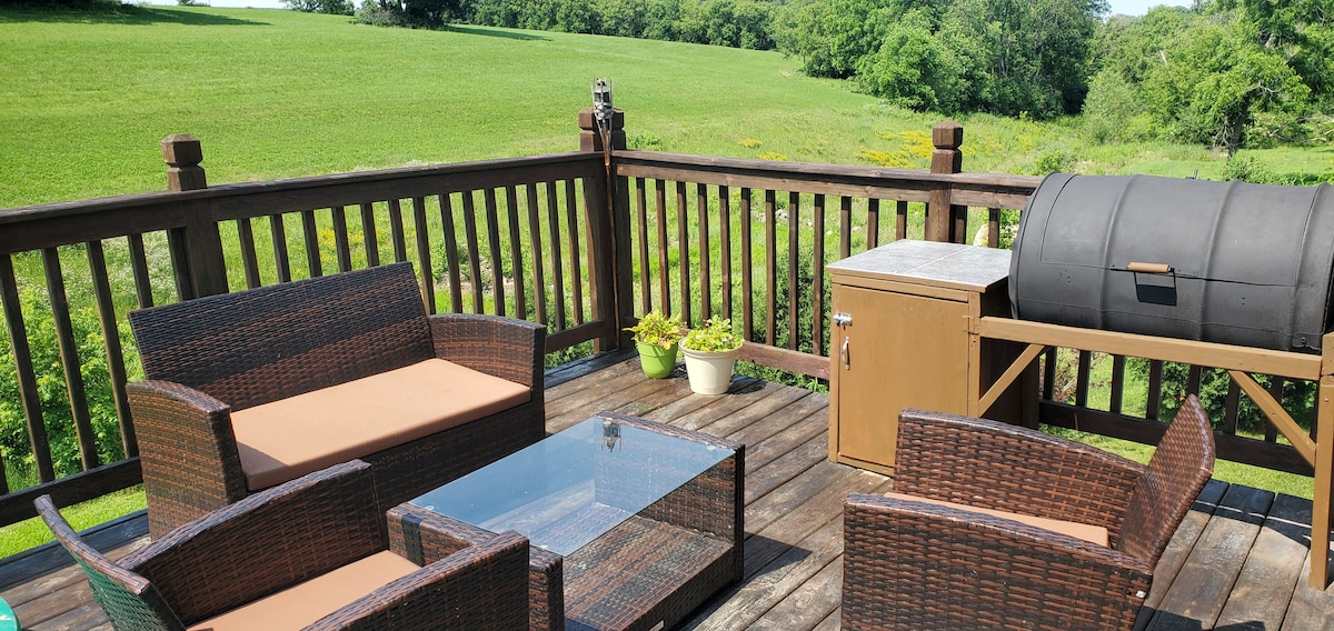 The outdoor deck features wicker seating with cushioned chairs and a glass coffee table. A charcoal barbecue grill is positioned beside a small storage unit. Lush green fields are visible in the background, enhancing the tranquil outdoor space.