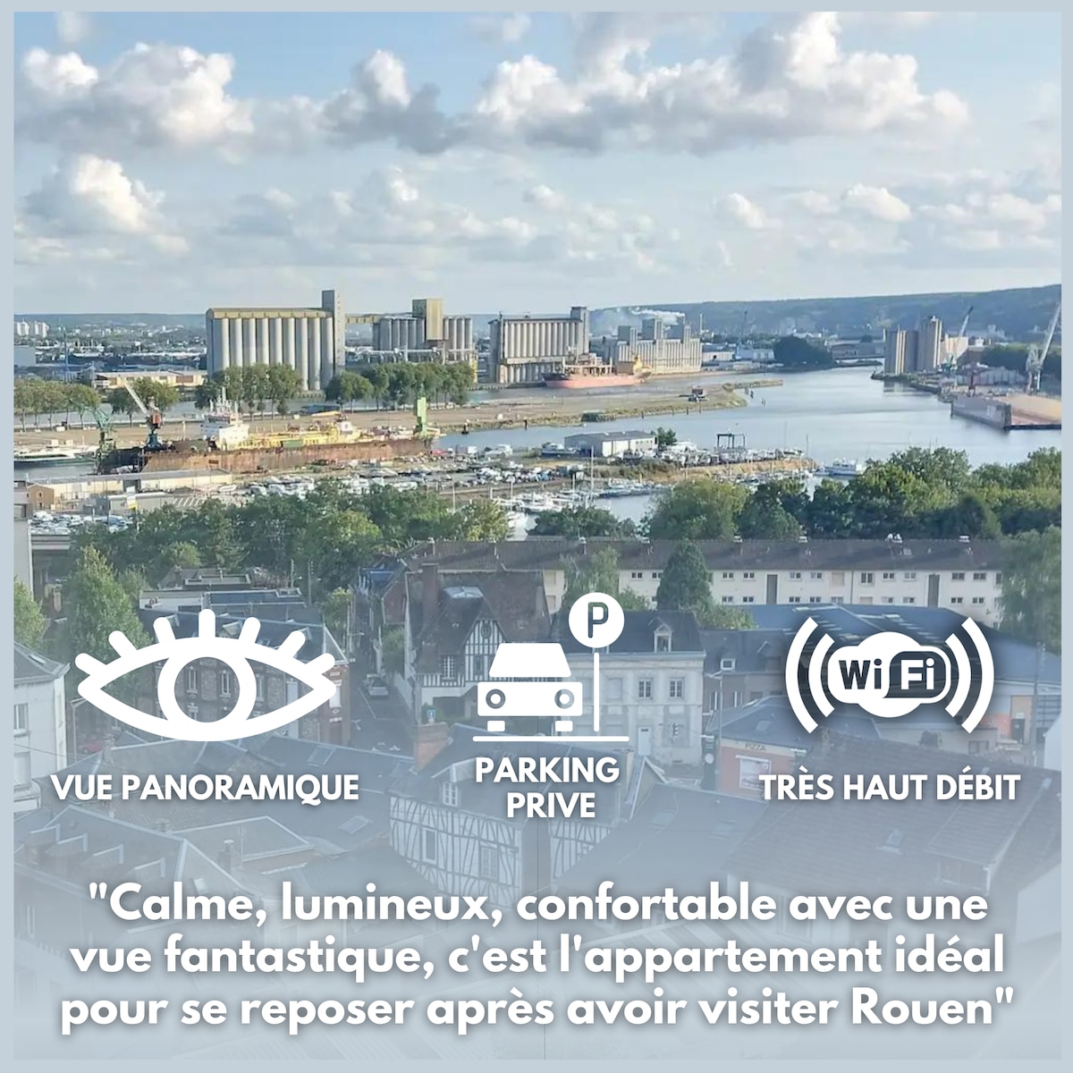 A panoramic view of the Seine River and the waterfront is depicted, showcasing a blend of urban and natural elements. The image highlights nearby transportation infrastructure and hints at the convenience of private parking.