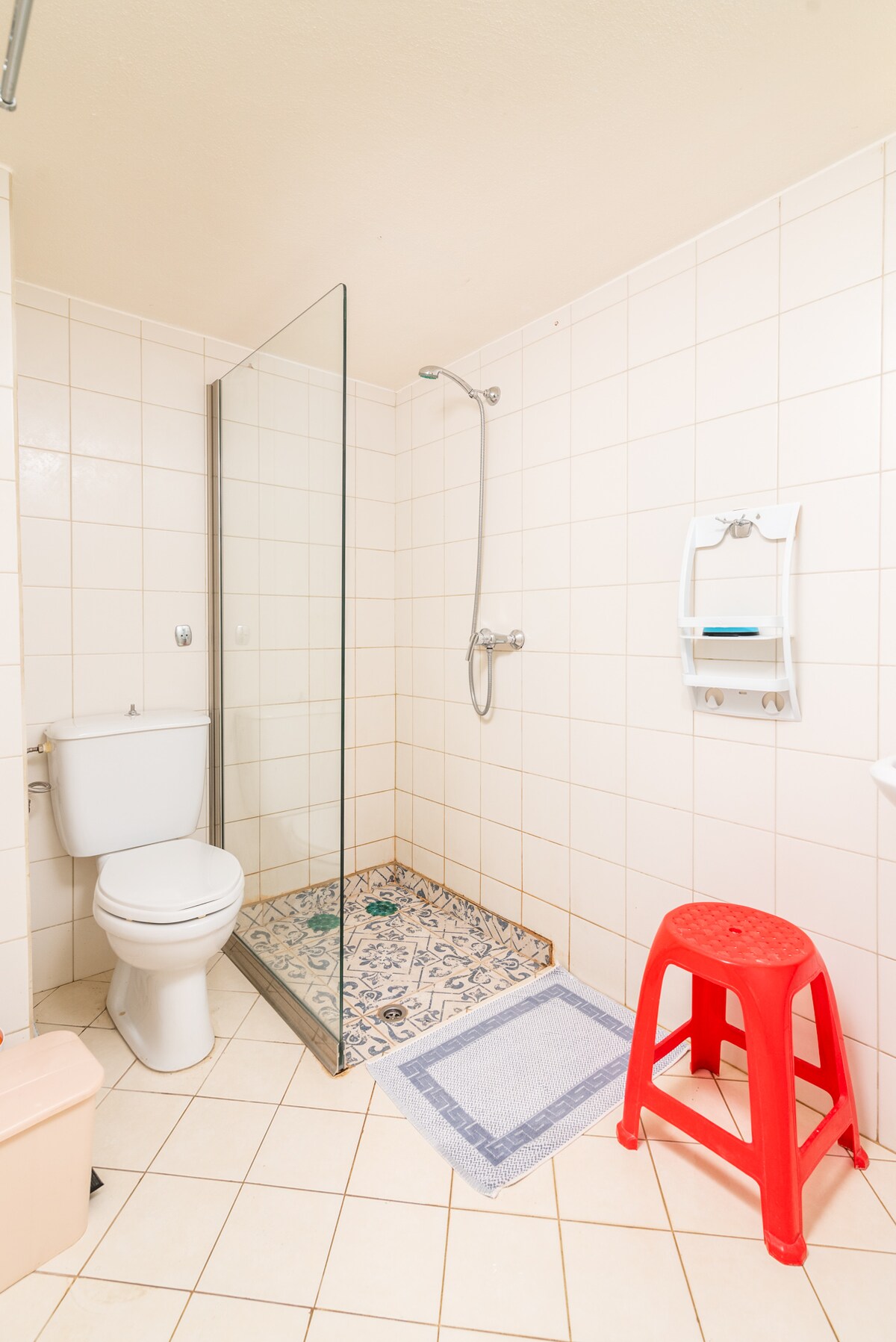 A clean bathroom features a glass-enclosed shower with a modern showerhead, tiled floor with a decorative pattern, and a red plastic stool. White tiles line the walls, complemented by a towel holder and a toilet, creating a functional and bright space.