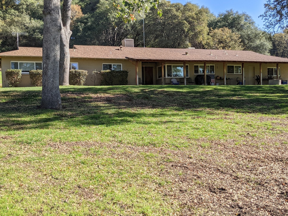 A single-story ranch house, constructed from cinder block, is seen against a backdrop of lush green grass and trees. Multiple windows reflect natural light, and the structure is set within a peaceful, landscaped yard featuring patches of shaded areas.