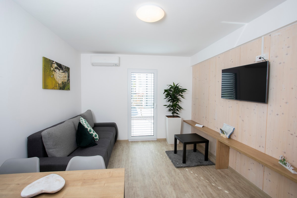 A bright living area features a grey sofa adorned with decorative pillows, accompanied by a wooden coffee table. A flat-screen TV is mounted on the wall, and natural light enters through a window, while a potted plant adds a touch of greenery.