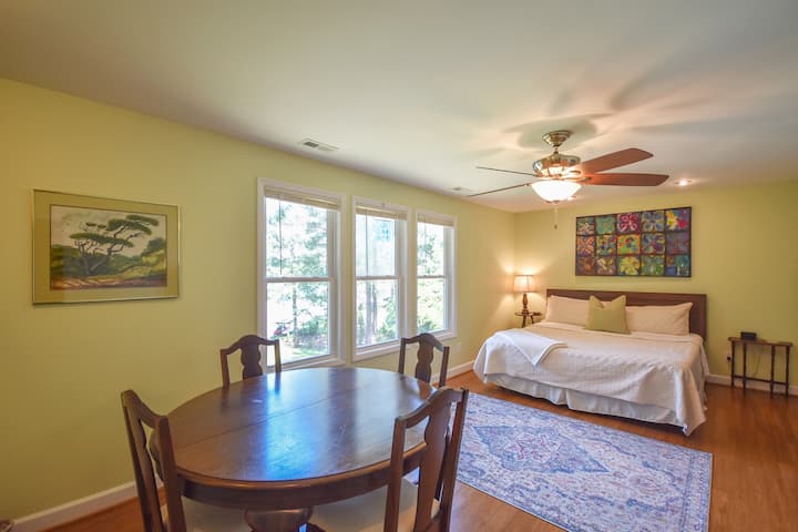 The Dogwood Room is upstairs with a beautiful view of the lake and a king sized bed. The Dogwood blossom is the state flower of NC.