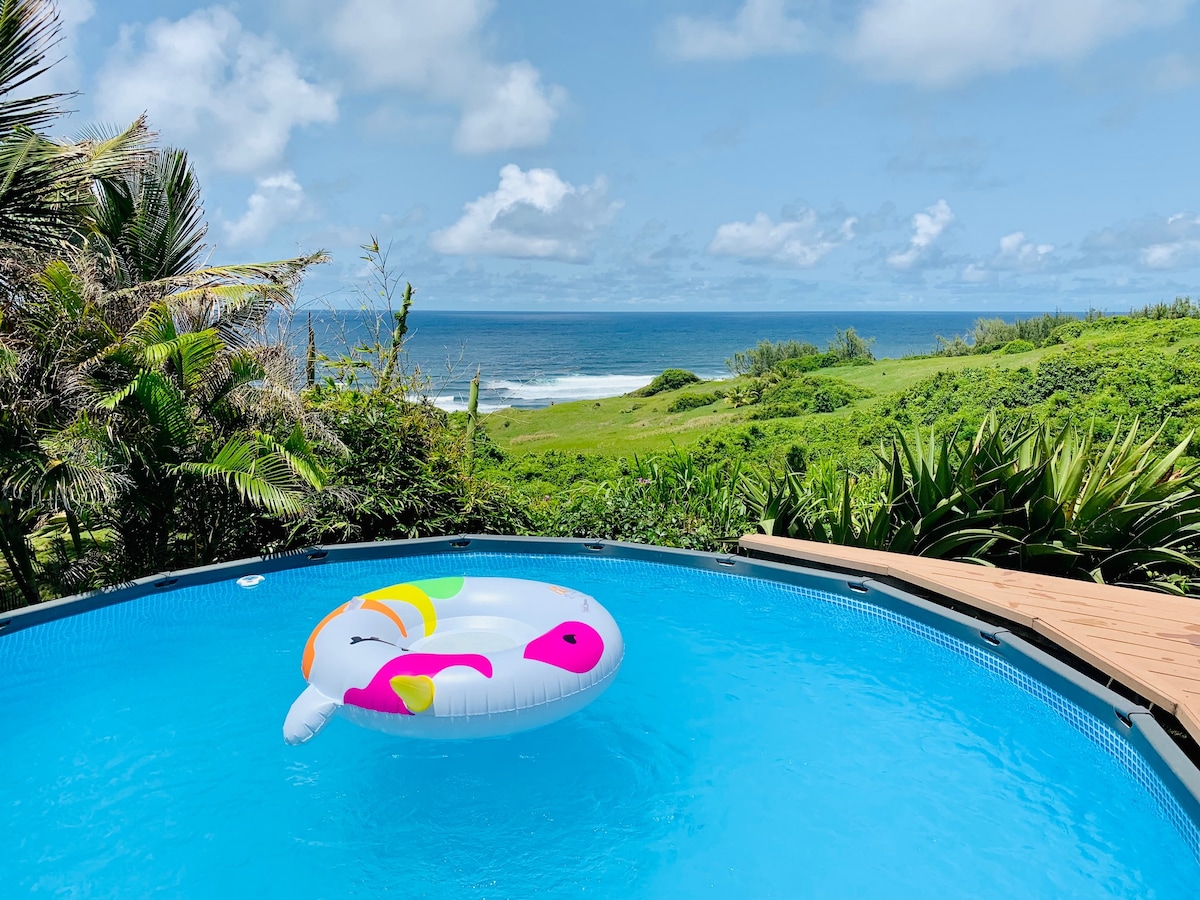A colorful inflatable float is placed in a circular pool, surrounded by lush tropical plants. The pool offers an unobstructed view of the expansive Atlantic Ocean and rolling green hills under a partly cloudy sky.