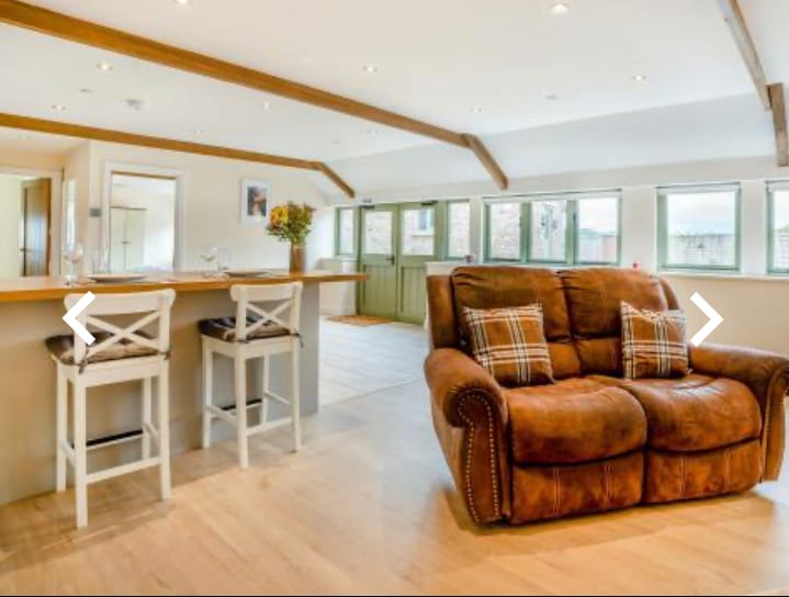 A well-lit lounge area features a large, comfortable sofa with a textured brown finish and plaid accents. Nearby, a wooden bar counter with two high stools complements the open layout, while large windows allow natural light to illuminate the space.