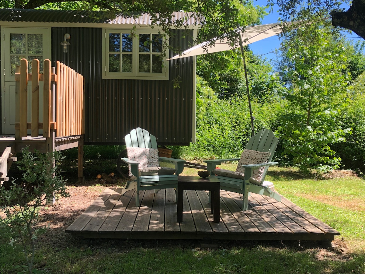 A private terrace featuring two light green adirondack chairs positioned around a small table. Sunlight streams through the surrounding trees, creating a serene outdoor space equipped with a shade sail for relaxation.