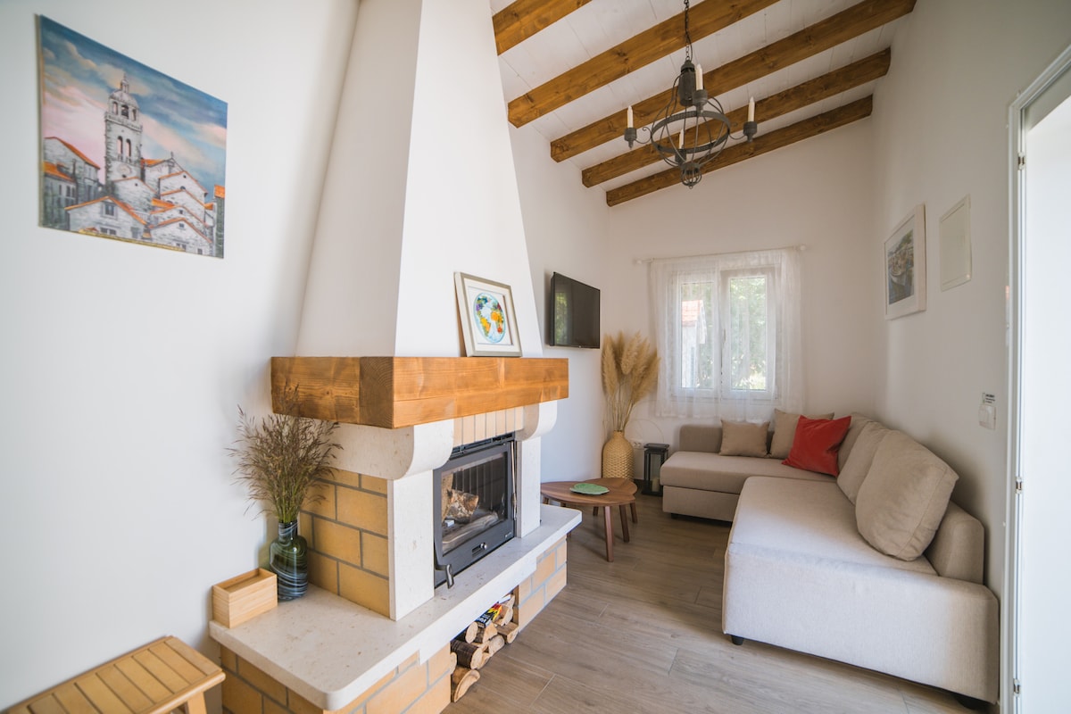 Drugi dnevni boravak s kaminom i televizorom.