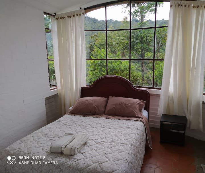 Პირველი სართული, ფართო ოთახი, რომელიც მთებს გადაჰყურებს.