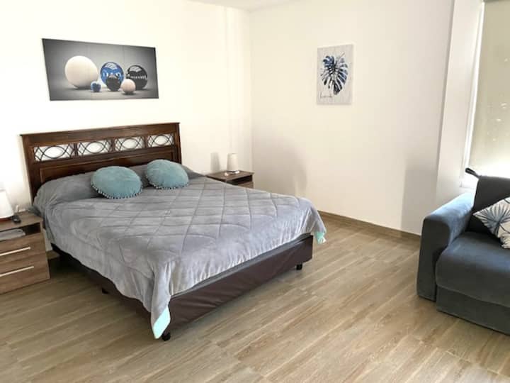 1号房，主卧。套房。配有智能电视、窗帘和储物家具。暖气是暖气。冷热空调。