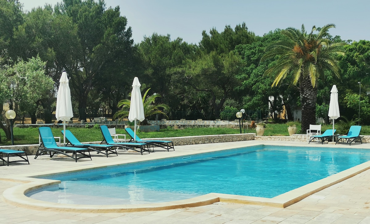 An outdoor pool is surrounded by lounge chairs, offering a relaxing space under the sun. Palm and other greenery are visible in the background, contributing to the tranquil setting. Umbrellas provide shade, enhancing comfort for guests enjoying the area.