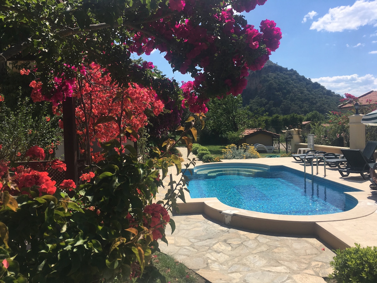 The outdoor area features a landscaped garden vibrant with blooming flowers surrounding a serene pool. Comfortable loungers are positioned nearby, and lush greenery provides privacy. The pool is set against a backdrop of hills, with bright sunlight reflecting off the clear water.