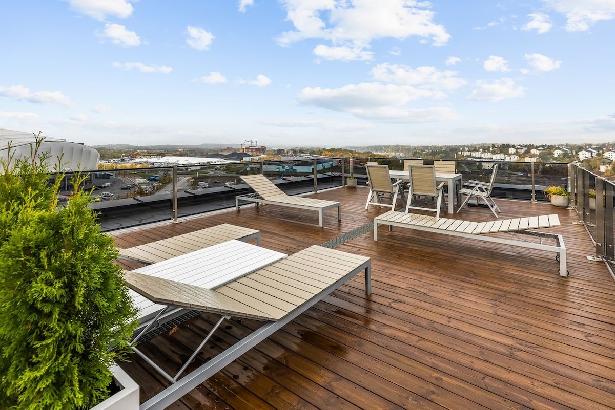 A spacious terrace features multiple lounge chairs and a dining table, all set on polished wooden decking. A low green shrub adds a touch of nature. The surrounding balcony railing offers an unobstructed view of the landscape and sky above.